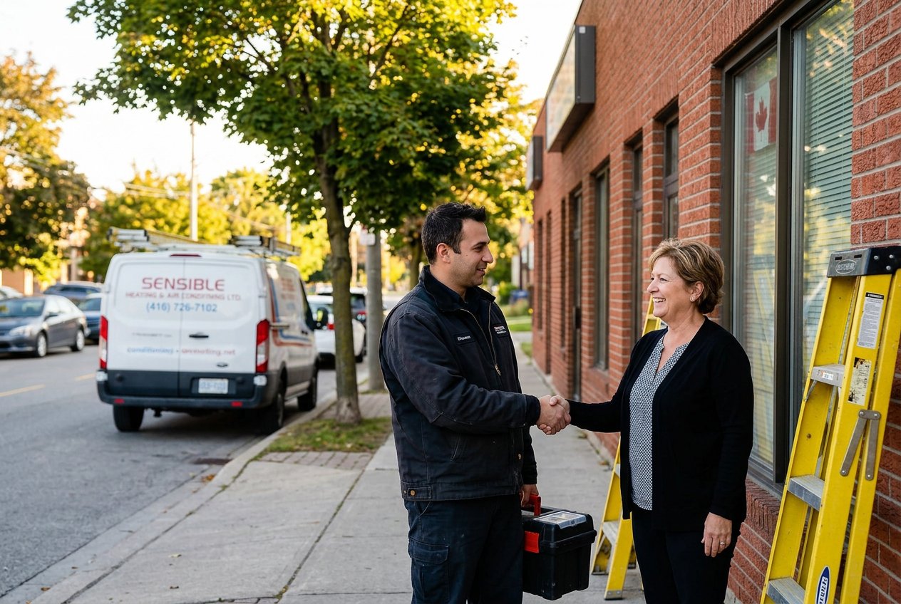 A Sensible technician shaking hands with a commercial property client outside a brick commercial building